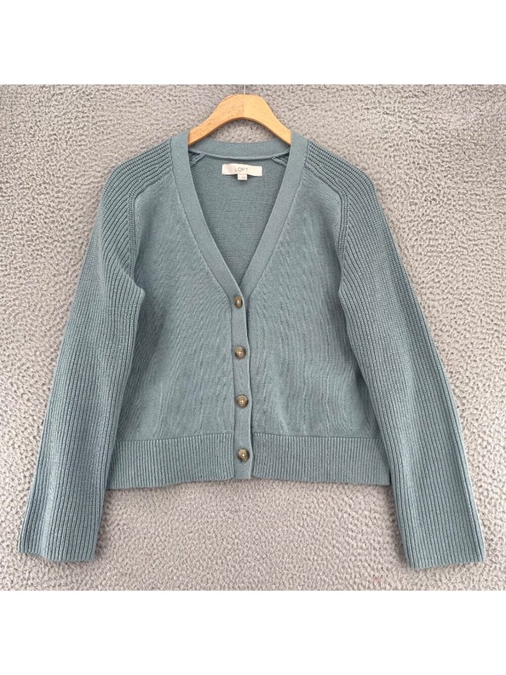 LOFT Sweater Womens Small Sage Cotton Blend Tunic Button Up Long Raglan Sleeves